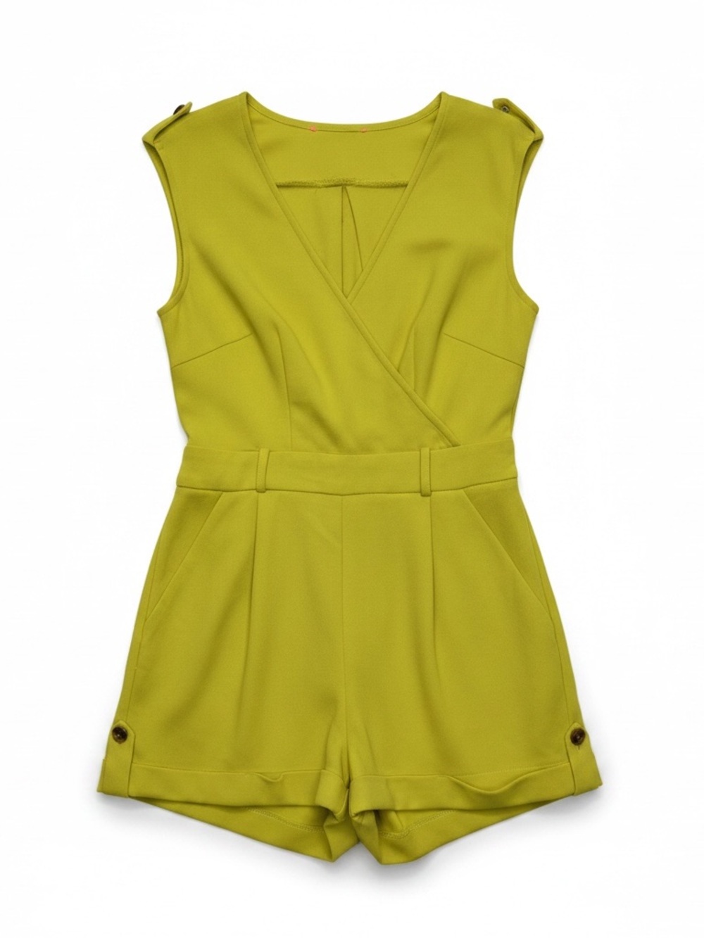 Shorts Romper Sleeveless Mustard Yellow Faux Wrap V-Neck Gold Buttons | GUC